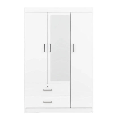 Armoire penderie 3 portes avec miroirs, étagères et 2 tiroirs