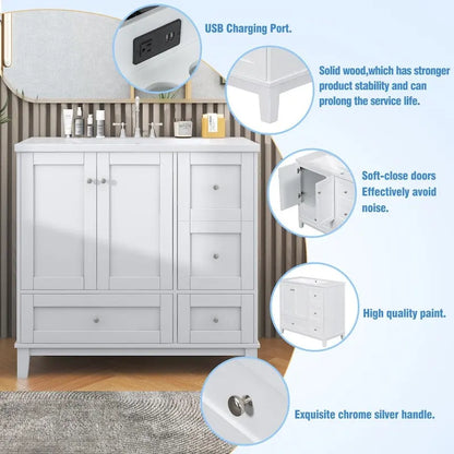 Meuble-lavabo de 36 pouces avec chargement USB, évier en résine, cadre en bois massif, 3 tiroirs de rangement