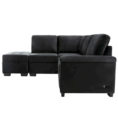 Canapé d'angle convertible 5 places en L 84,75 po avec pouf de rangement, rangement de bras dissimulé et chargement USB pour salon