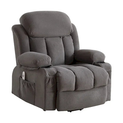 Fauteuil inclinable électrique gris avec massage chauffant, chargement USB, télécommande et poches latérales pratiques pour les personnes âgées