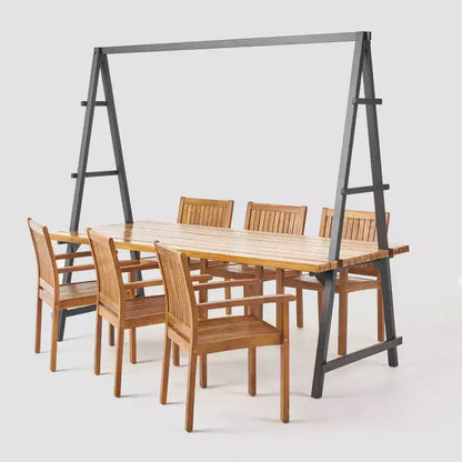 Ensemble de salle à manger Huckleberry 7 pièces en bois d'acacia et jardinière en fer
