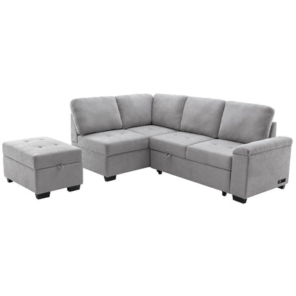 Canapé d'angle convertible 5 places en L 84,75 po avec pouf de rangement, rangement de bras dissimulé et chargement USB pour salon
