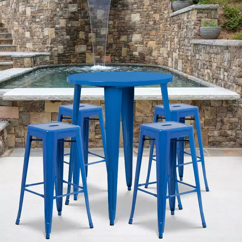 Emma and Oliver Commercial Grade 30 Round Metal Indoor-Outdoor Bar Table Set, 4 Backless Stools