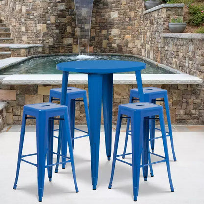 Emma and Oliver Commercial Grade 30 Round Metal Indoor-Outdoor Bar Table Set, 4 Backless Stools