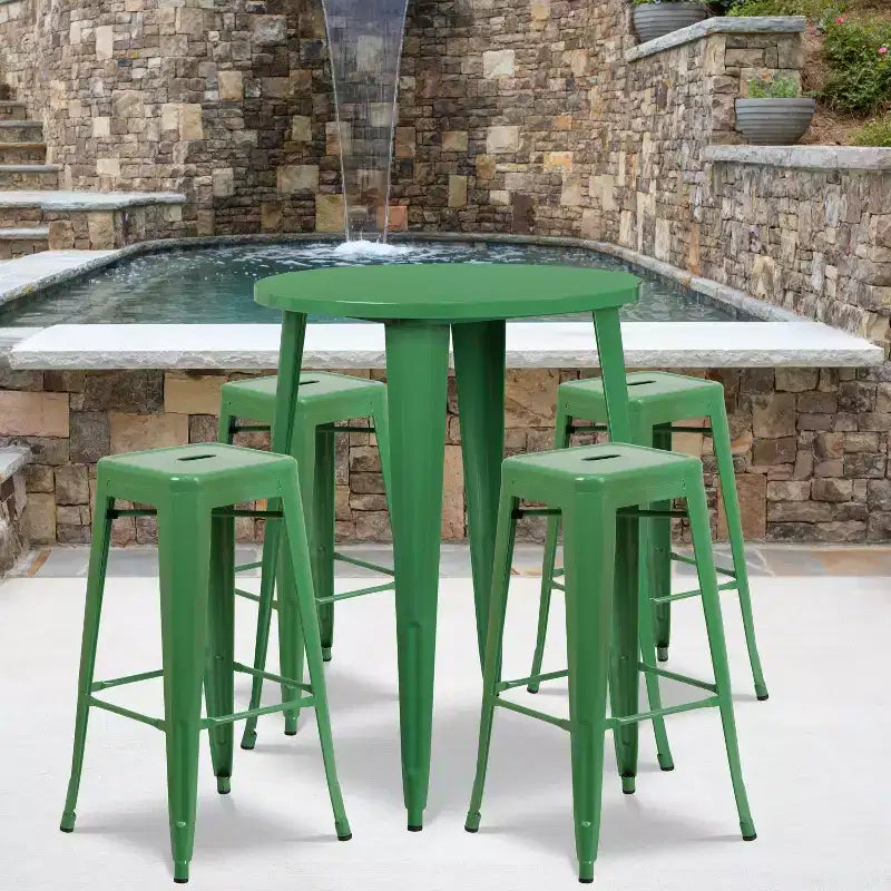 Emma and Oliver Commercial Grade 30 Round Metal Indoor-Outdoor Bar Table Set, 4 Backless Stools