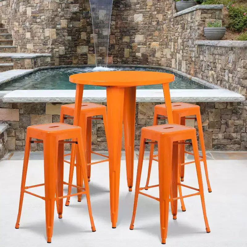 Emma and Oliver Commercial Grade 30 Round Metal Indoor-Outdoor Bar Table Set, 4 Backless Stools