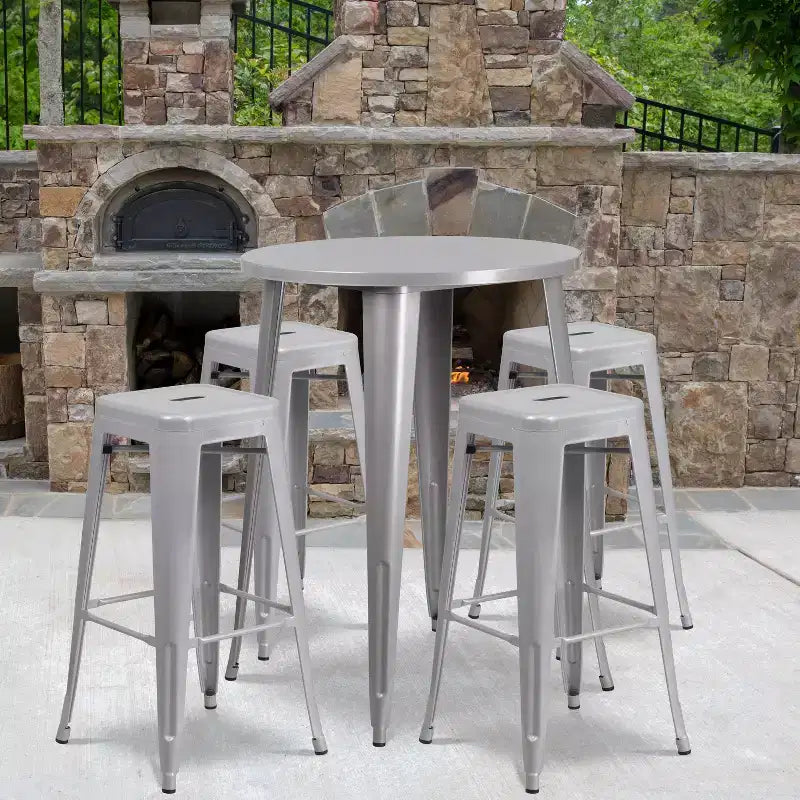 Emma and Oliver Commercial Grade 30 Round Metal Indoor-Outdoor Bar Table Set, 4 Backless Stools