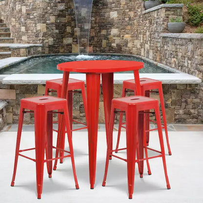 Emma and Oliver Commercial Grade 30 Round Metal Indoor-Outdoor Bar Table Set, 4 Backless Stools