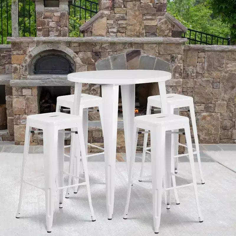 Emma and Oliver Commercial Grade 30 Round Metal Indoor-Outdoor Bar Table Set, 4 Backless Stools