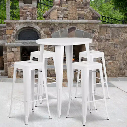 Emma and Oliver Commercial Grade 30 Round Metal Indoor-Outdoor Bar Table Set, 4 Backless Stools
