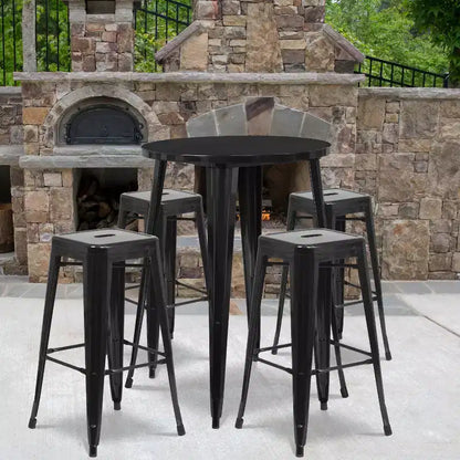 Emma and Oliver Commercial Grade 30 Round Metal Indoor-Outdoor Bar Table Set, 4 Backless Stools