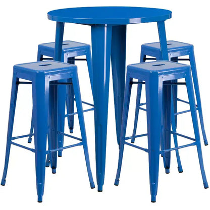 Emma and Oliver Commercial Grade 30 Round Metal Indoor-Outdoor Bar Table Set, 4 Backless Stools