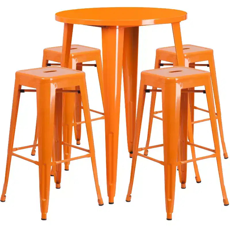 Emma and Oliver Commercial Grade 30 Round Metal Indoor-Outdoor Bar Table Set, 4 Backless Stools