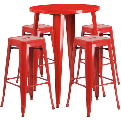 Emma and Oliver Commercial Grade 30 Round Metal Indoor-Outdoor Bar Table Set, 4 Backless Stools