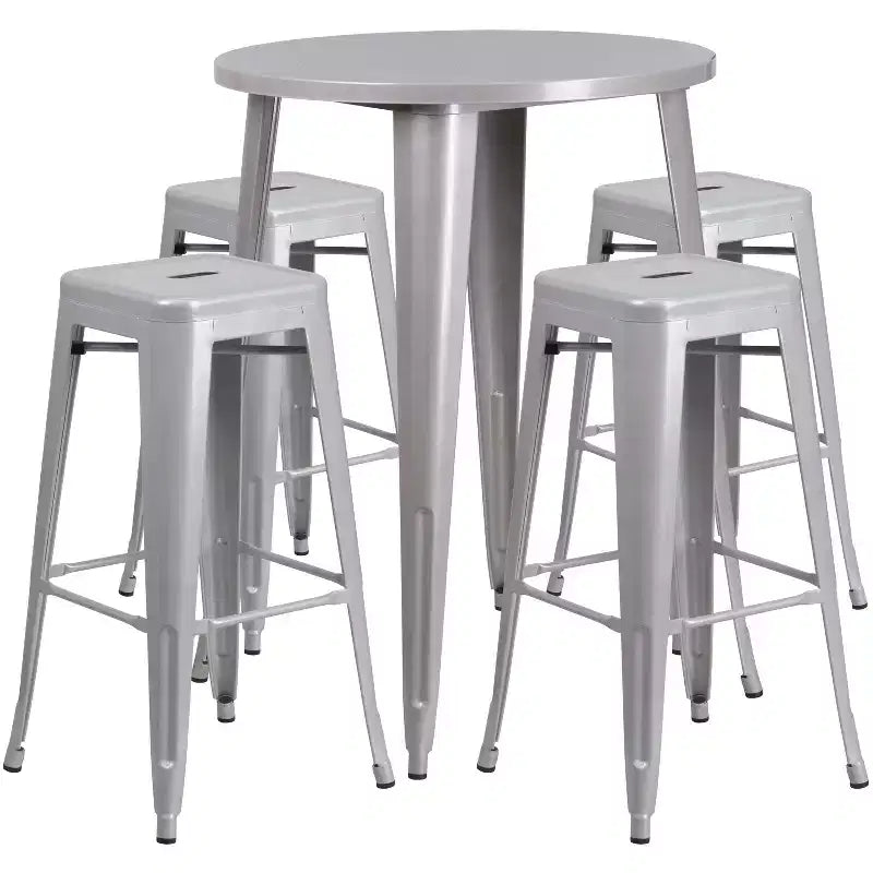 Emma and Oliver Commercial Grade 30 Round Metal Indoor-Outdoor Bar Table Set, 4 Backless Stools