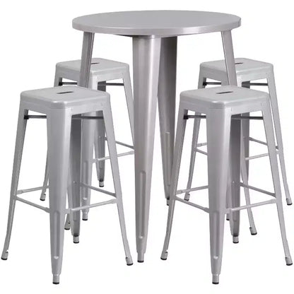 Emma and Oliver Commercial Grade 30 Round Metal Indoor-Outdoor Bar Table Set, 4 Backless Stools