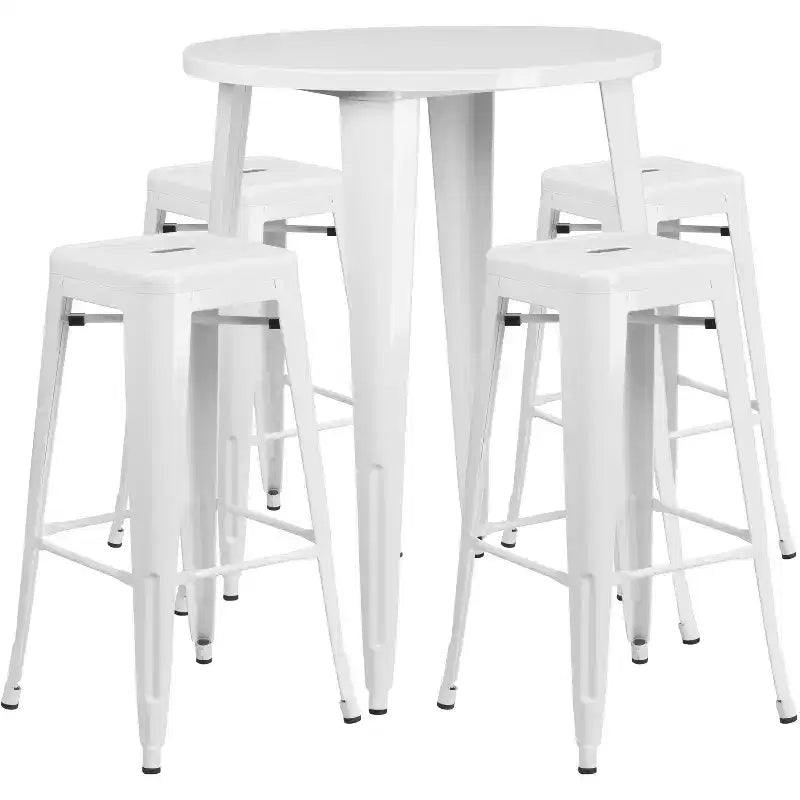 Emma and Oliver Commercial Grade 30 Round Metal Indoor-Outdoor Bar Table Set, 4 Backless Stools