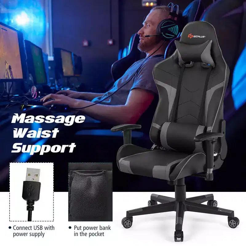 Costway Massage Gaming Chair Reclining Swivel Racing Office Chair w/Lumbar Support