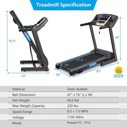 Costway 2.25HP Foldable Electric Treadmill Running Machine Exercise Home