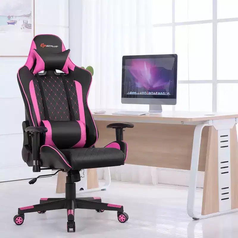 Costway Massage Gaming Chair Reclining Racing Chair w/Lumbar Support and Headrest White/Blue/Pink/Red