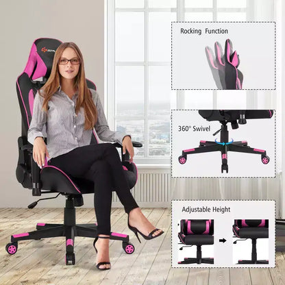 Costway Massage Gaming Chair Reclining Racing Chair w/Lumbar Support and Headrest White/Blue/Pink/Red