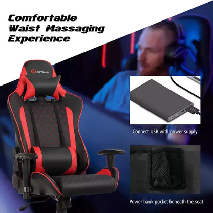 Costway Massage Gaming Chair Reclining Racing Chair w/Lumbar Support and Headrest White/Blue/Pink/Red