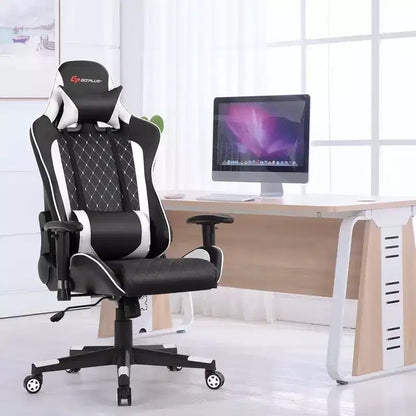 Costway Massage Gaming Chair Reclining Racing Chair w/Lumbar Support and Headrest White/Blue/Pink/Red