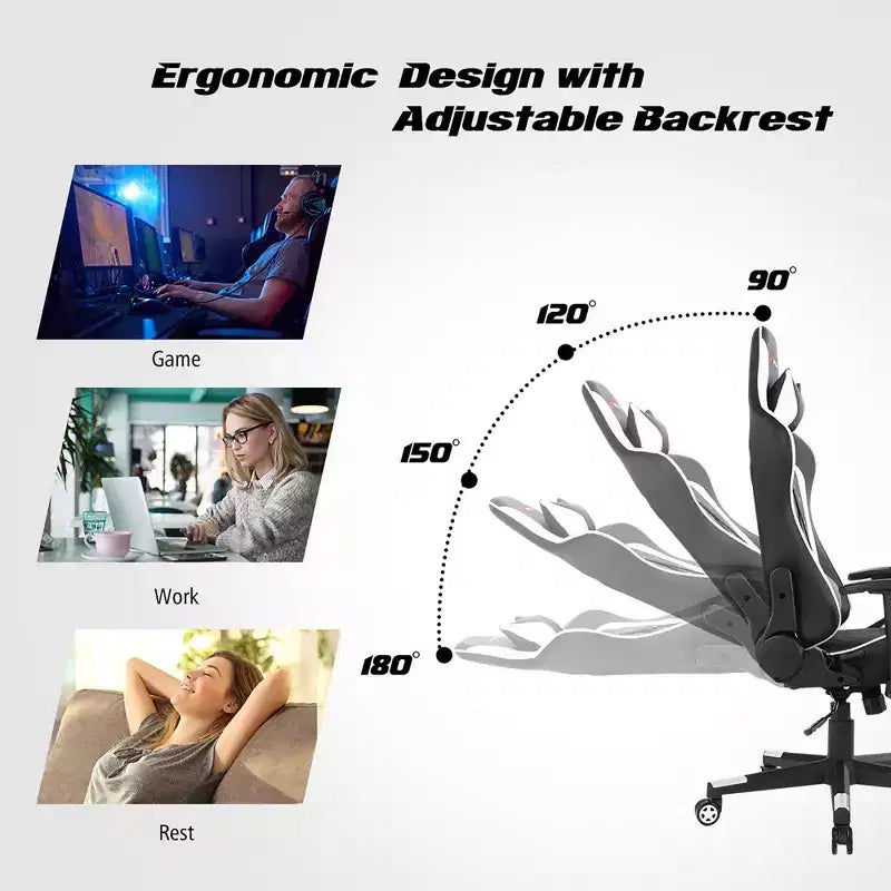 Costway Massage Gaming Chair Reclining Racing Chair w/Lumbar Support and Headrest White/Blue/Pink/Red