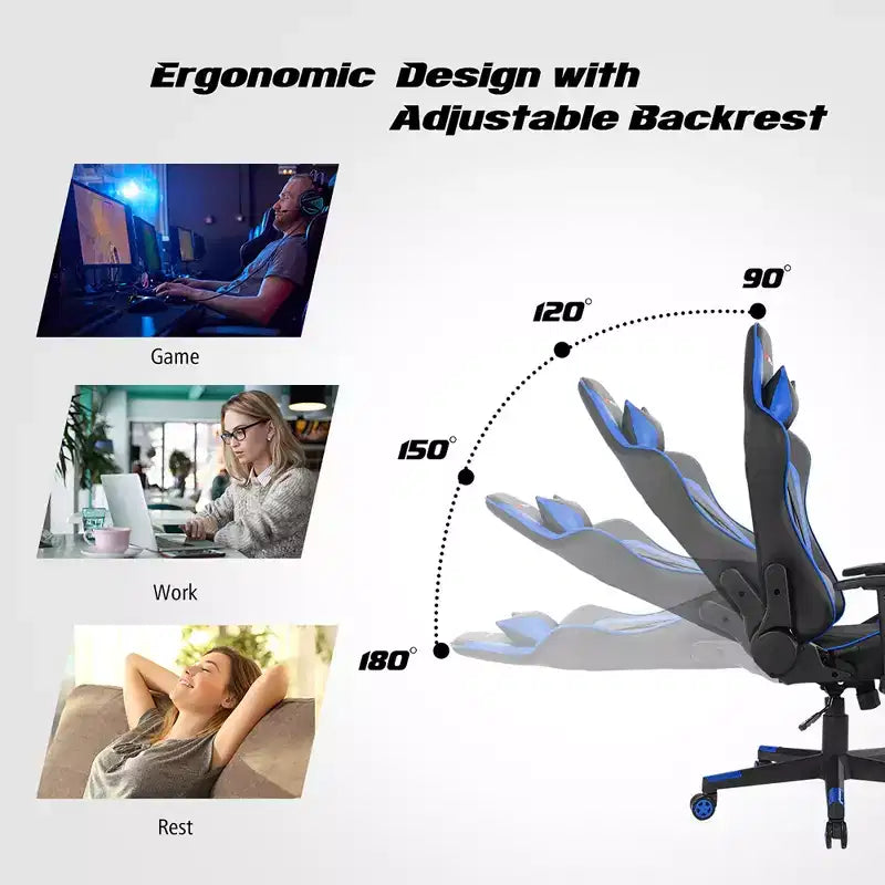 Costway Massage Gaming Chair Reclining Racing Chair w/Lumbar Support and Headrest White/Blue/Pink/Red