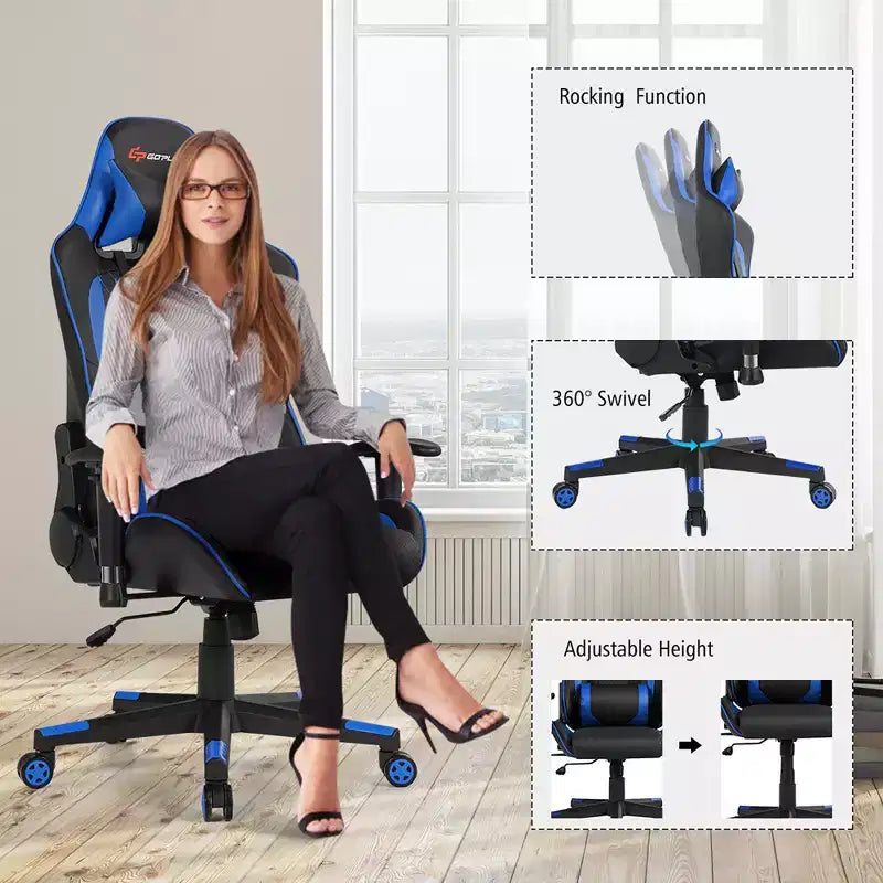 Costway Massage Gaming Chair Reclining Racing Chair w/Lumbar Support and Headrest White/Blue/Pink/Red