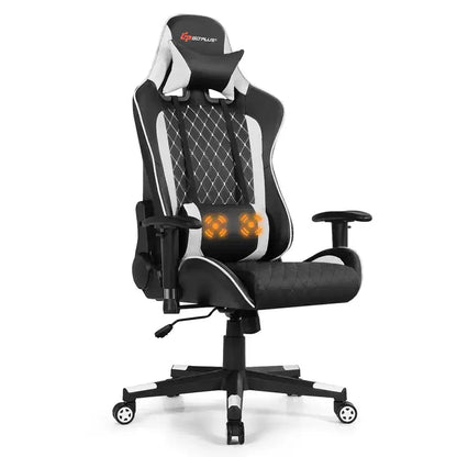 Costway Massage Gaming Chair Reclining Racing Chair w/Lumbar Support and Headrest White/Blue/Pink/Red