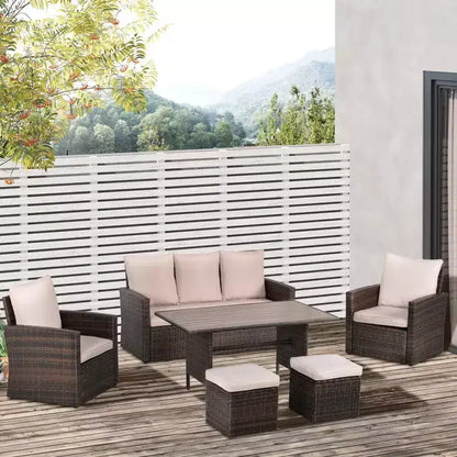 Ensemble de salle à manger Outsunny 6 pièces pour patio, en rotin tressé toutes saisons avec table à plateau aspect bois et coussins moelleux