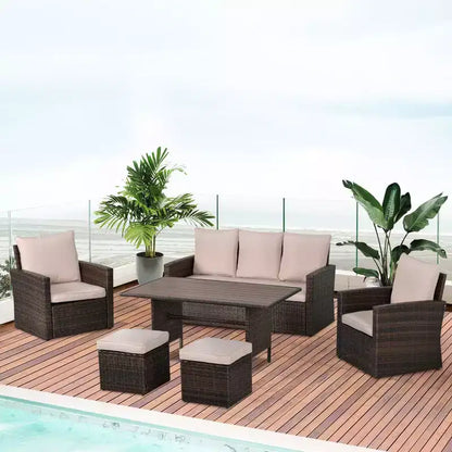 Ensemble de salle à manger Outsunny 6 pièces pour patio, en rotin tressé toutes saisons avec table à plateau aspect bois et coussins moelleux