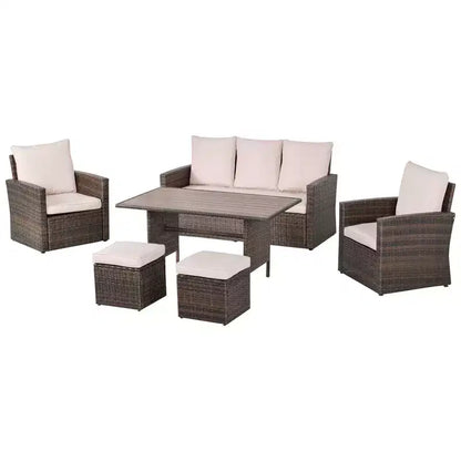 Ensemble de salle à manger Outsunny 6 pièces pour patio, en rotin tressé toutes saisons avec table à plateau aspect bois et coussins moelleux