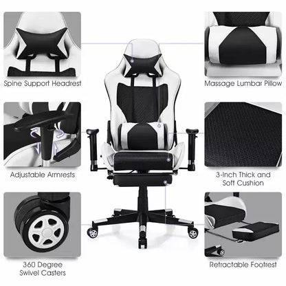 Chaise de Massage Gaming Costway Fauteuil de Bureau Inclinable avec Repose-pied Blanc