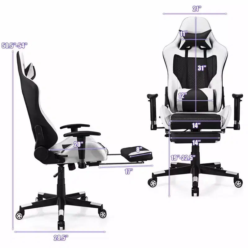 Chaise de Massage Gaming Costway Fauteuil de Bureau Inclinable avec Repose-pied Blanc