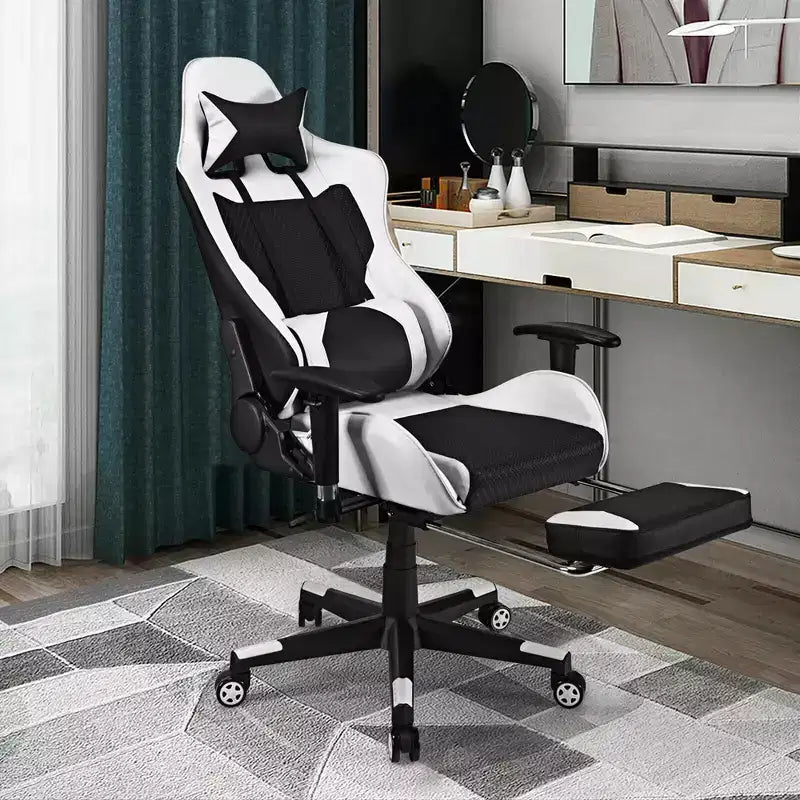 Chaise de Massage Gaming Costway Fauteuil de Bureau Inclinable avec Repose-pied Blanc