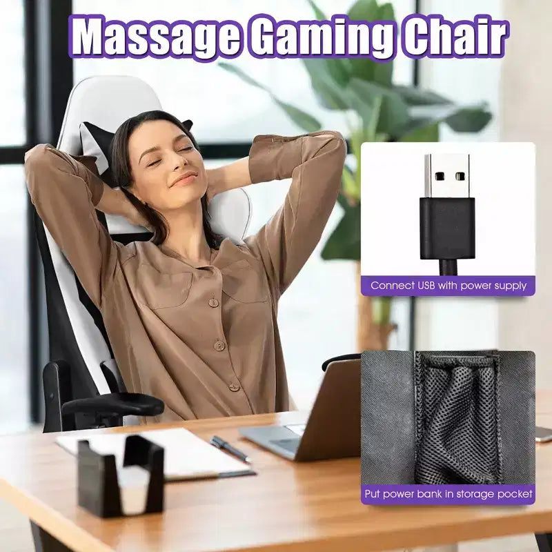 Chaise de Massage Gaming Costway Fauteuil de Bureau Inclinable avec Repose-pied Blanc