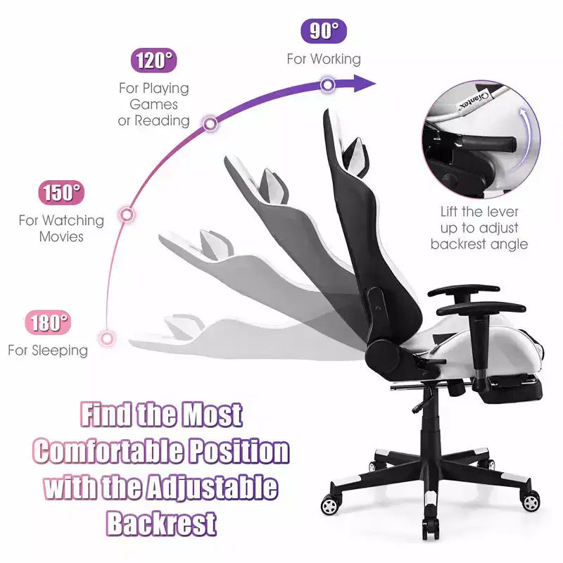 Chaise de Massage Gaming Costway Fauteuil de Bureau Inclinable avec Repose-pied Blanc
