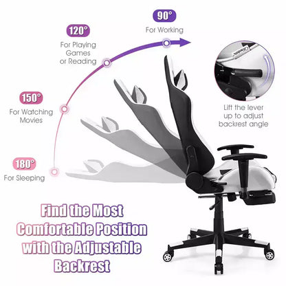 Chaise de Massage Gaming Costway Fauteuil de Bureau Inclinable avec Repose-pied Blanc