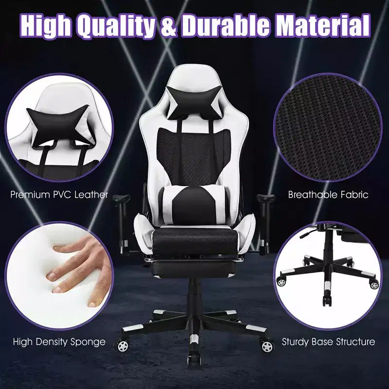 Chaise de Massage Gaming Costway Fauteuil de Bureau Inclinable avec Repose-pied Blanc