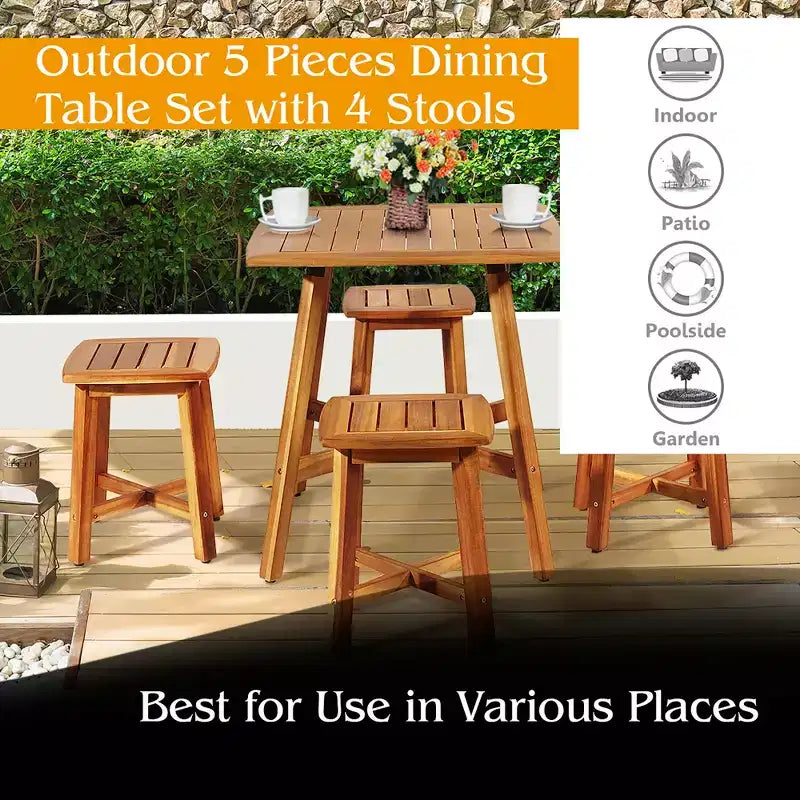 Costway 5PCS Acacia Patio Dining Set W/Square Table & 4 Stools Reddish Brown