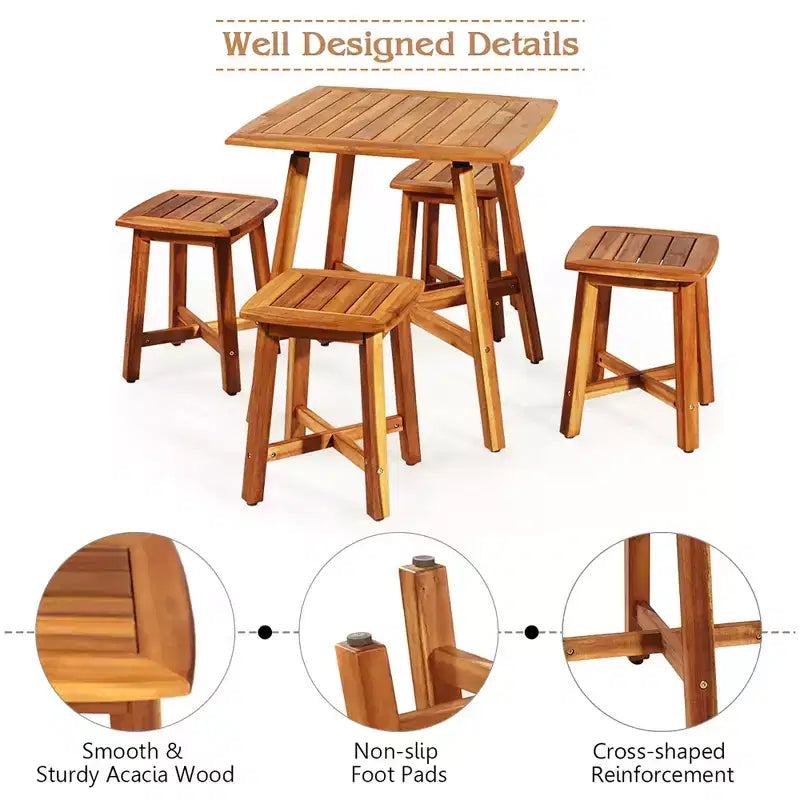 Costway 5PCS Acacia Patio Dining Set W/Square Table & 4 Stools Reddish Brown