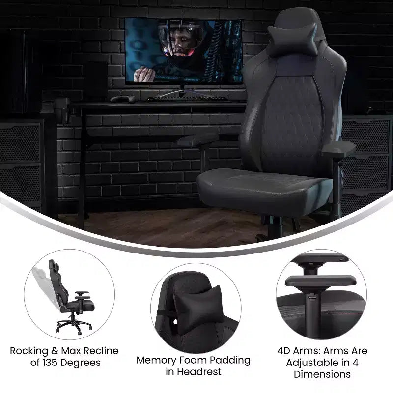 Flash Furniture Falco Chaise de jeu ergonomique à dossier haut réglable avec accoudoirs 4D, oreiller appui-tête et support lombaire réglable