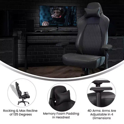Flash Furniture Falco Chaise de jeu ergonomique à dossier haut réglable avec accoudoirs 4D, oreiller appui-tête et support lombaire réglable