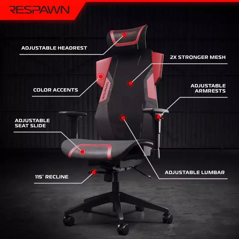 Chaise de gaming RESPAWN Flexx Mesh avec support lombaire et appui-tête réglable