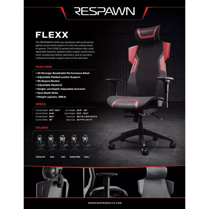 Chaise de gaming RESPAWN Flexx Mesh avec support lombaire et appui-tête réglable