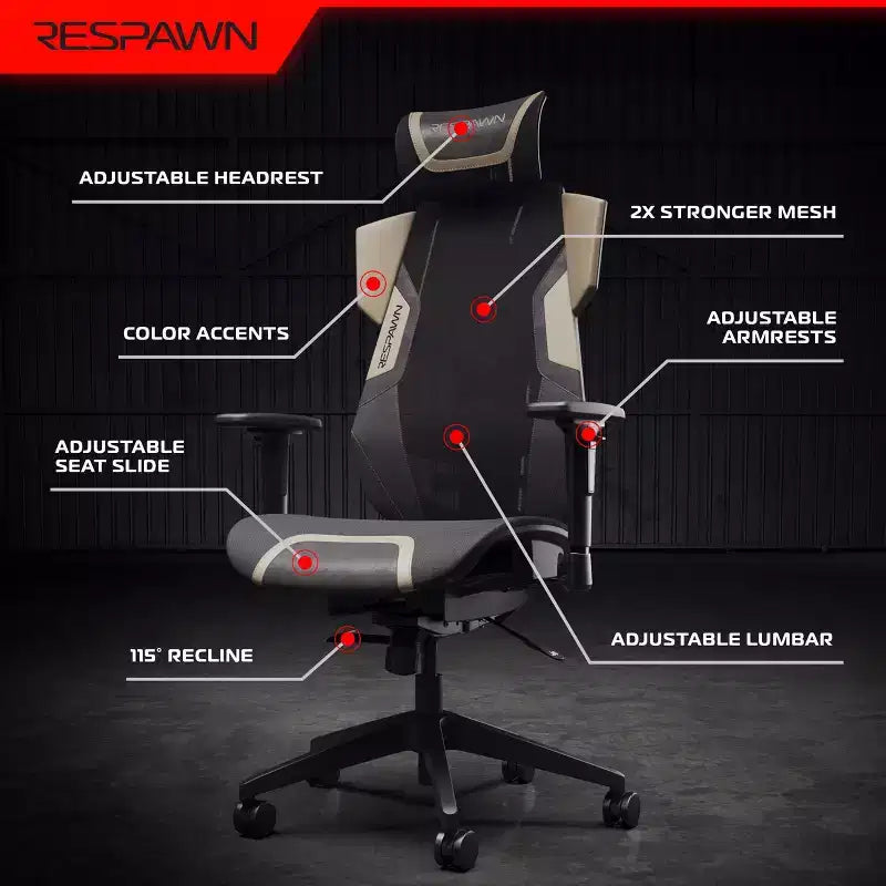 Chaise de gaming RESPAWN Flexx Mesh avec support lombaire et appui-tête réglable