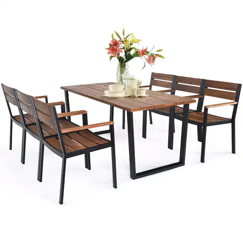 Costway 7PCS Patented Patio Dining Chair Table Set Acacia Wood Backyard W/Umbrella Hole
