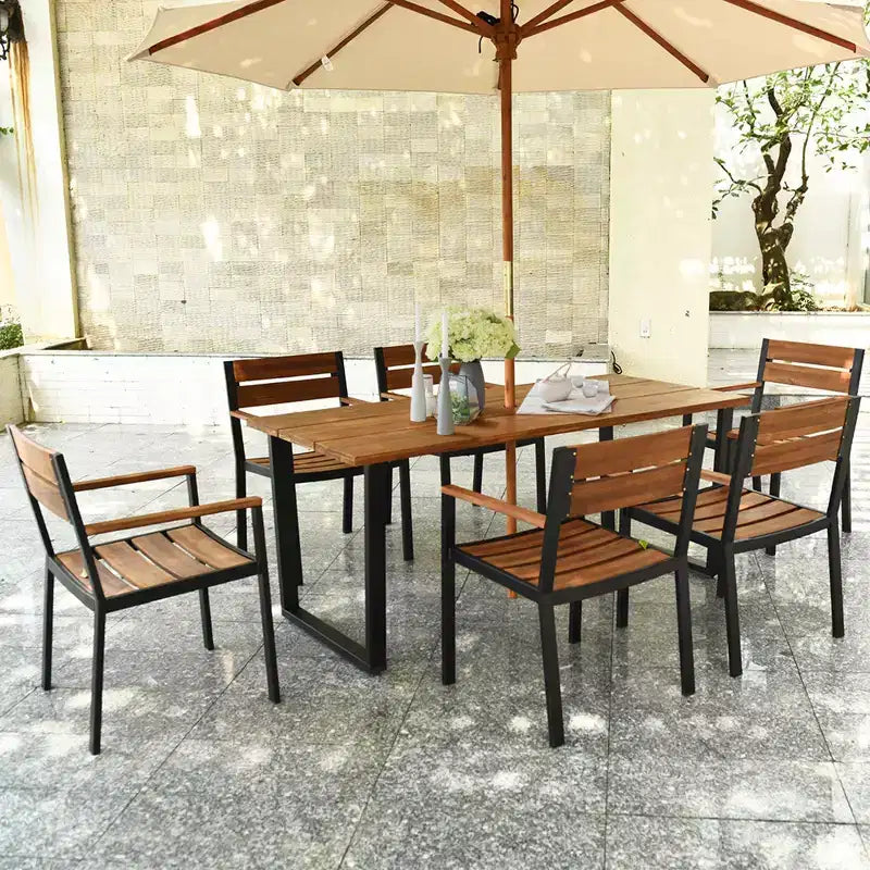 Costway 7PCS Patented Patio Dining Chair Table Set Acacia Wood Backyard W/Umbrella Hole